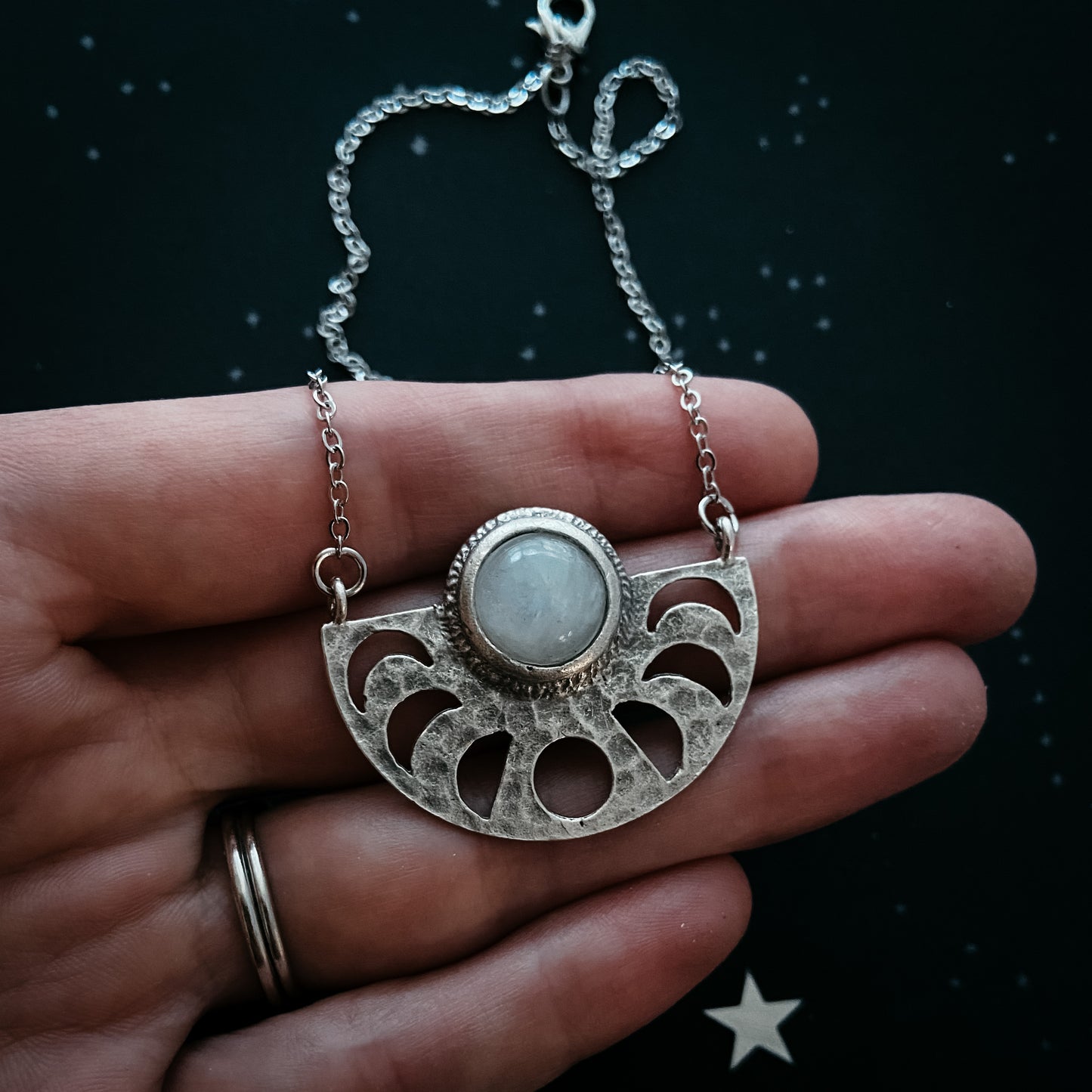 Moon Goddess Necklace - Moon Phases Rainbow Moonstone Pendant Necklace Yugen Handmade   