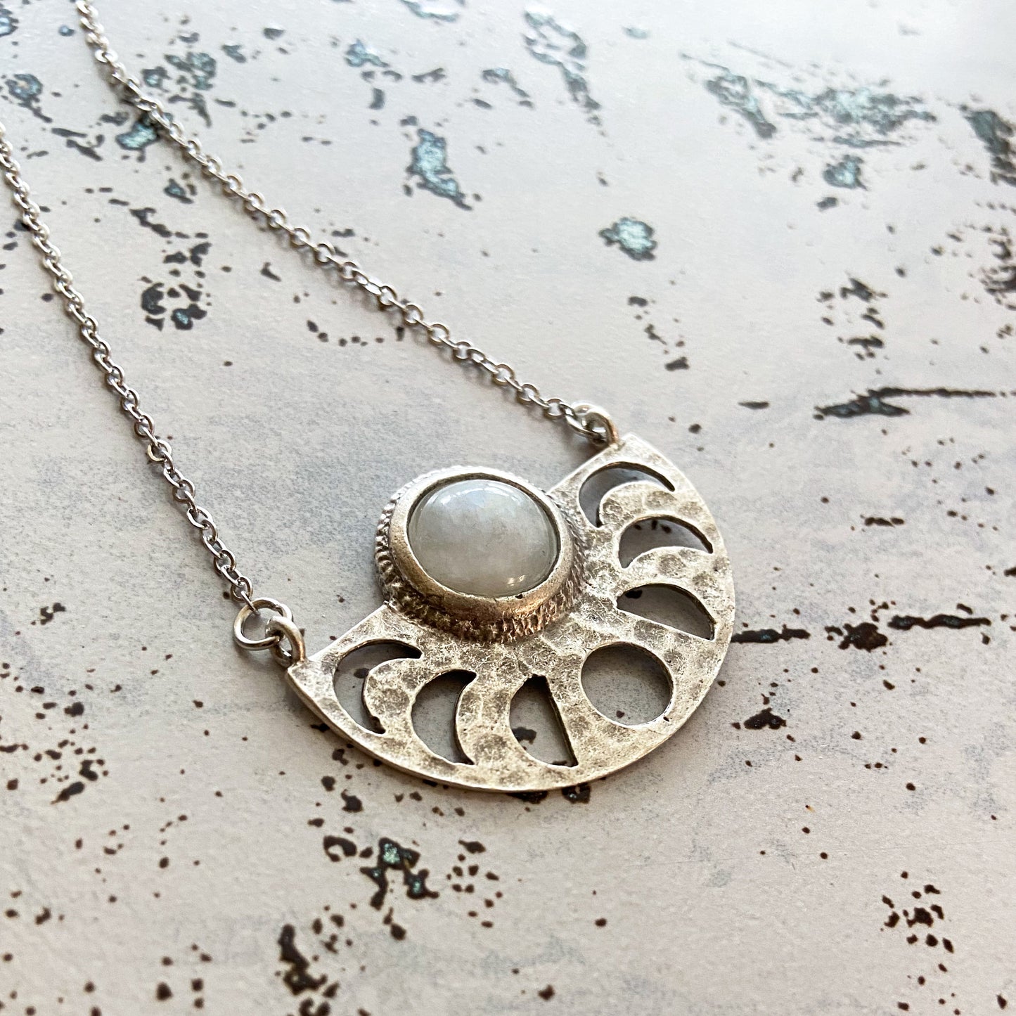 Moon Goddess Necklace - Moon Phases Rainbow Moonstone Pendant Necklace Yugen Handmade Silver