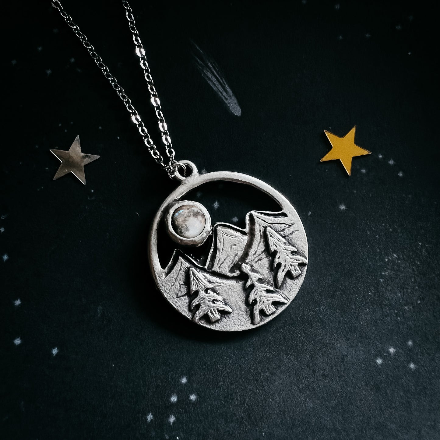 My Moon Rises Over Landscape - Circle Pendant Necklace with Mountains and Trees Necklace Yugen Handmade