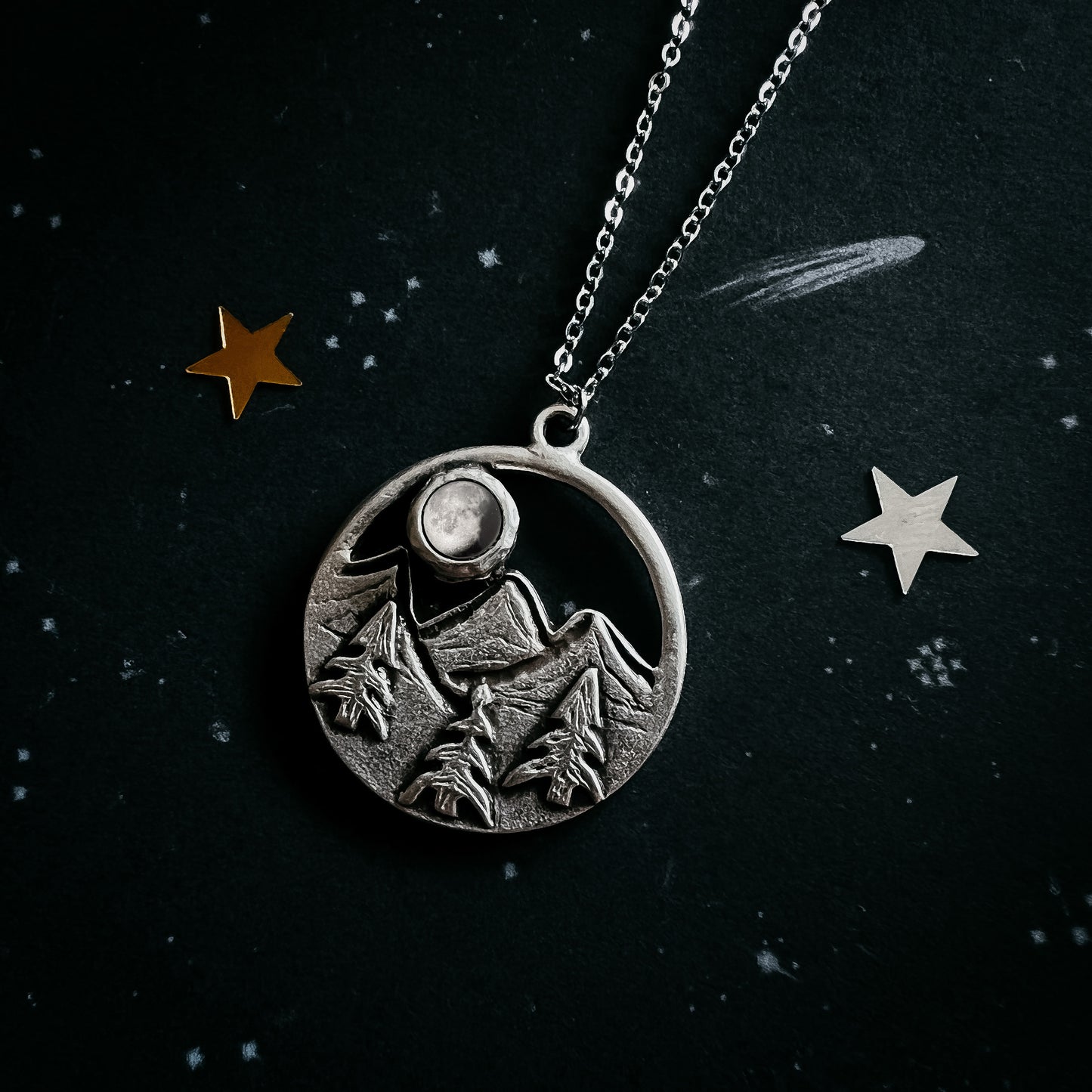 My Moon Rises Over Landscape - Circle Pendant Necklace with Mountains and Trees Necklace Yugen Handmade