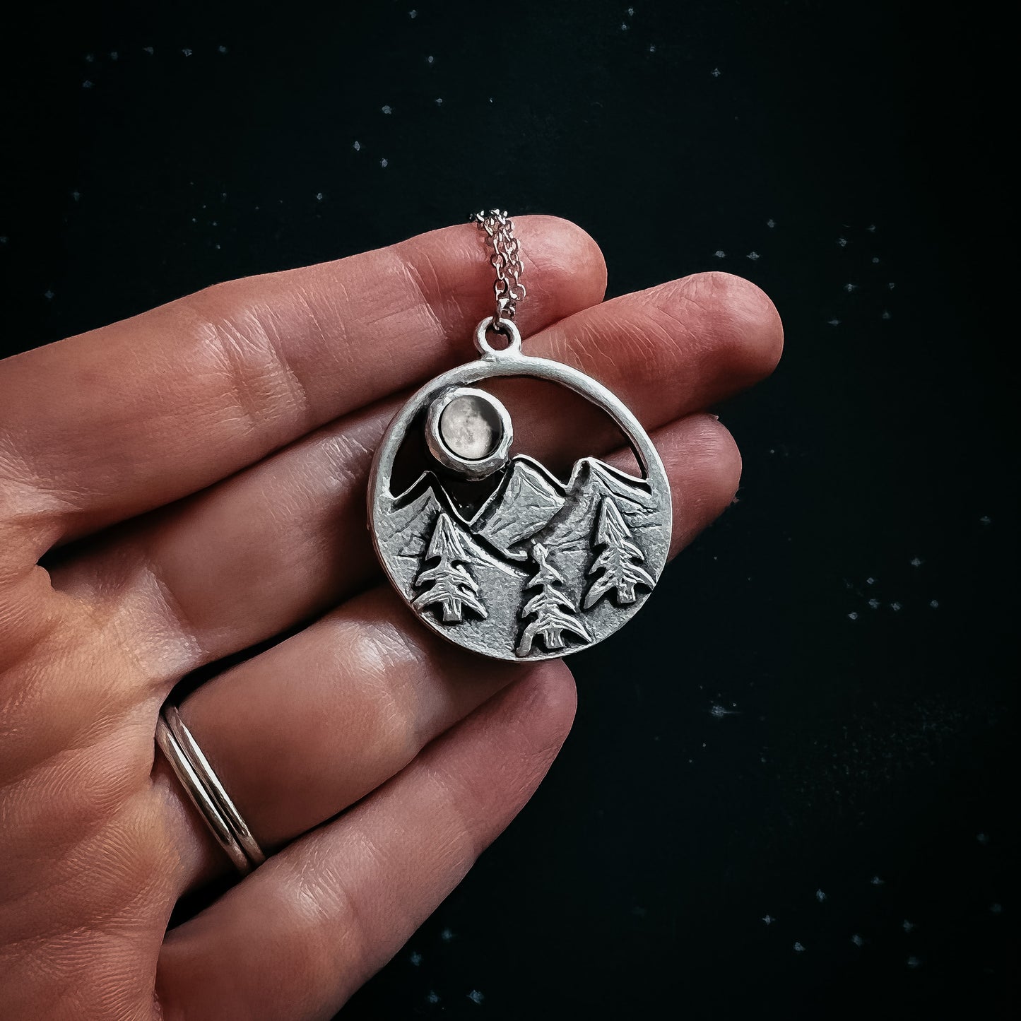My Moon Rises Over Landscape - Circle Pendant Necklace with Mountains and Trees Necklace Yugen Handmade