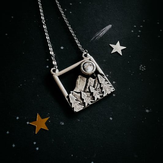 My Moon Rises Over Landscape - Mountains and Trees Square Pendant Necklace Yugen Handmade