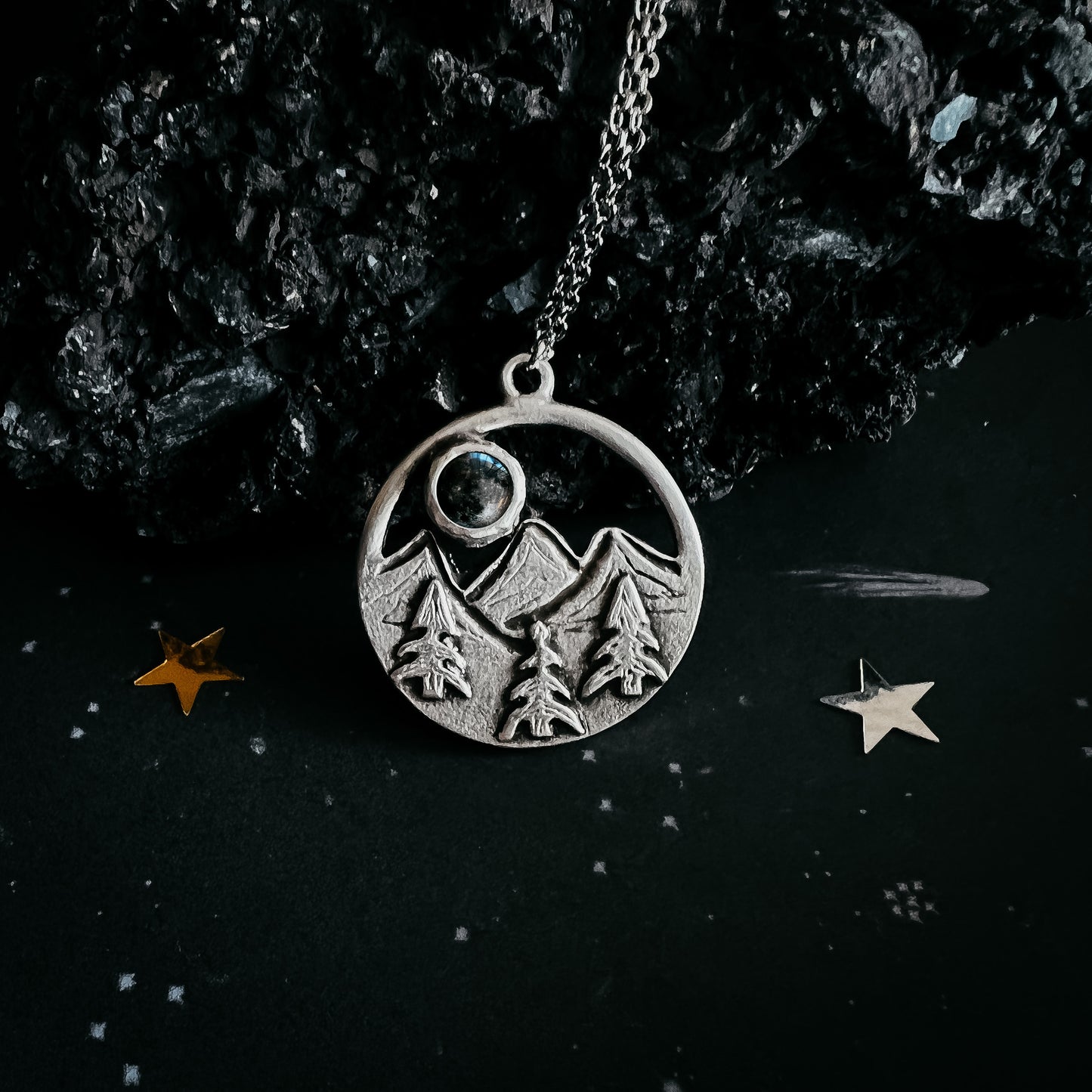 My Moon Rises Over Landscape - Circle Pendant Necklace with Mountains and Trees Necklace Yugen Handmade