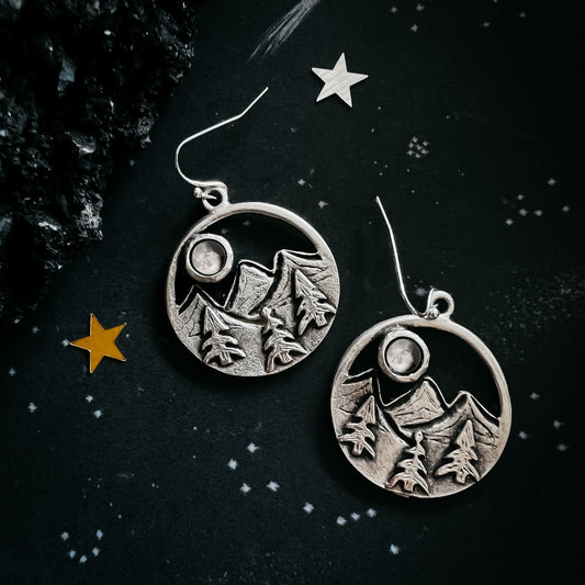 My Moon Rises Over Landscape - Circle Dangle Earrings with Mountains and Trees Earrings Yugen Handmade
