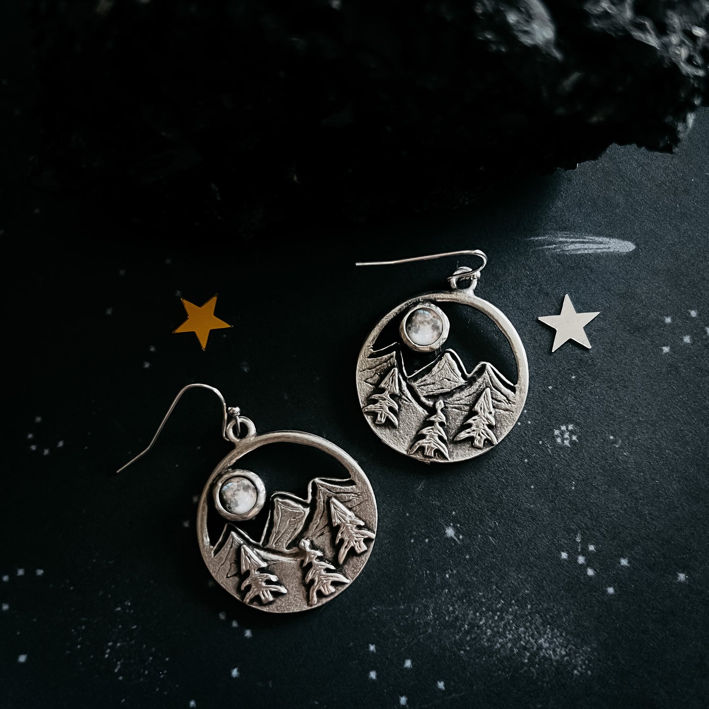 My Moon Rises Over Landscape - Circle Dangle Earrings with Mountains and Trees Earrings Yugen Handmade