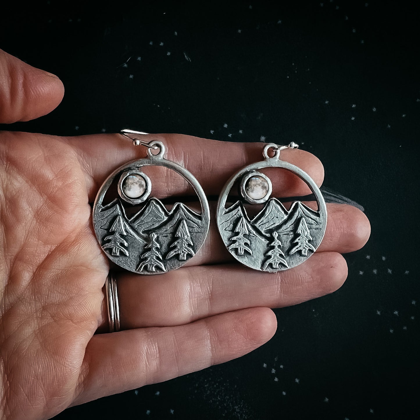 My Moon Rises Over Landscape - Circle Dangle Earrings with Mountains and Trees Earrings Yugen Handmade