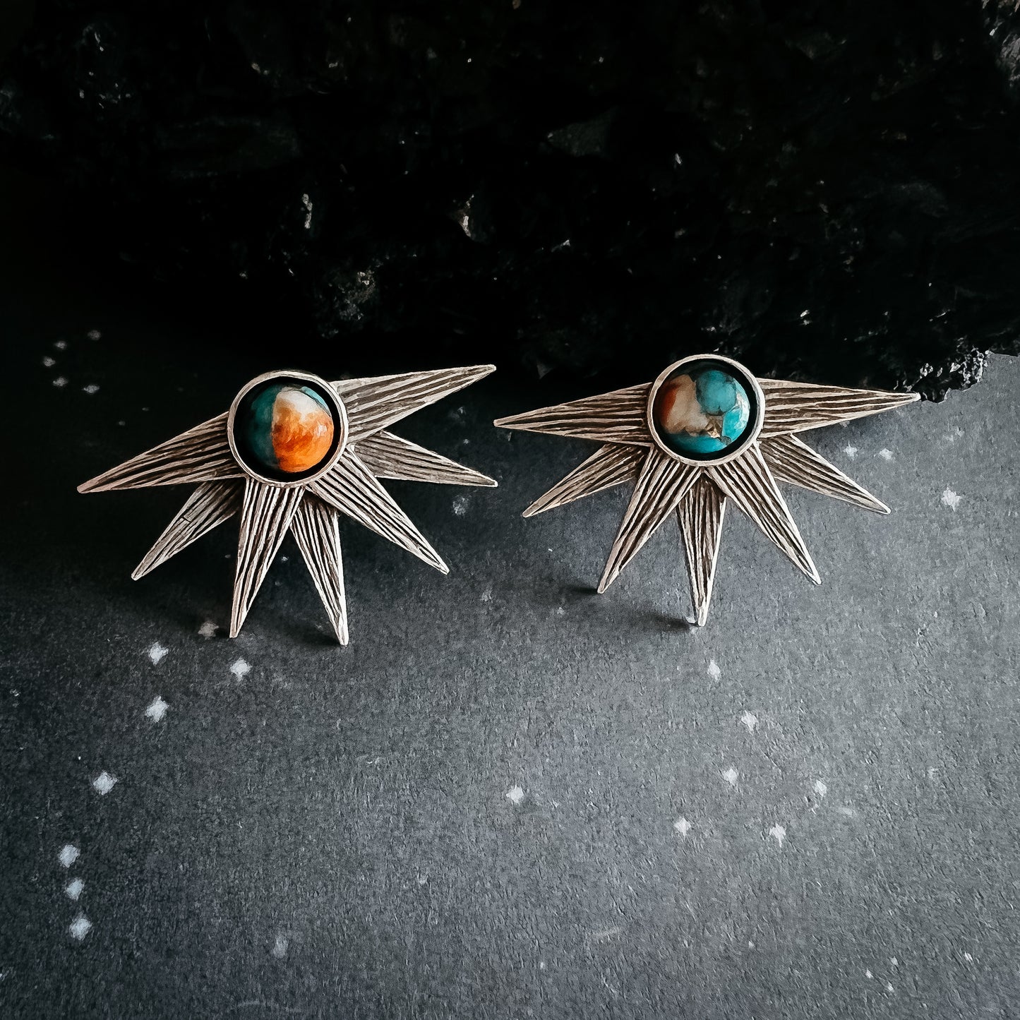 Sun Goddess Earrings with Copper Oyster Turquoise Earrings Yugen Handmade Stud/Post Silver Tone 