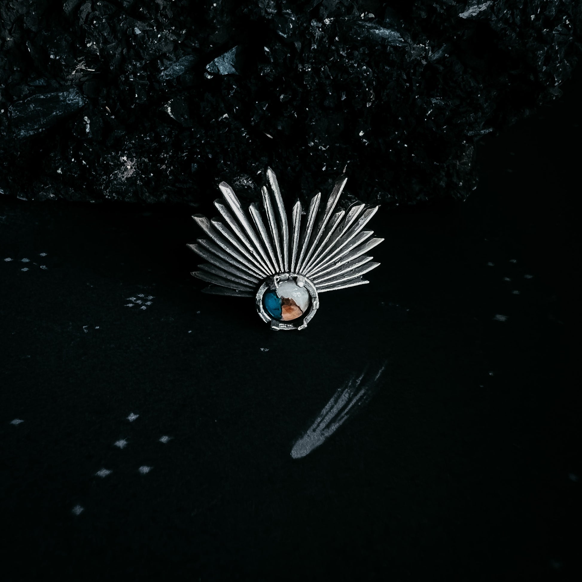 Sun Goddess Ring with Copper Oyster Turquoise Ring Yugen Handmade Silver Tone