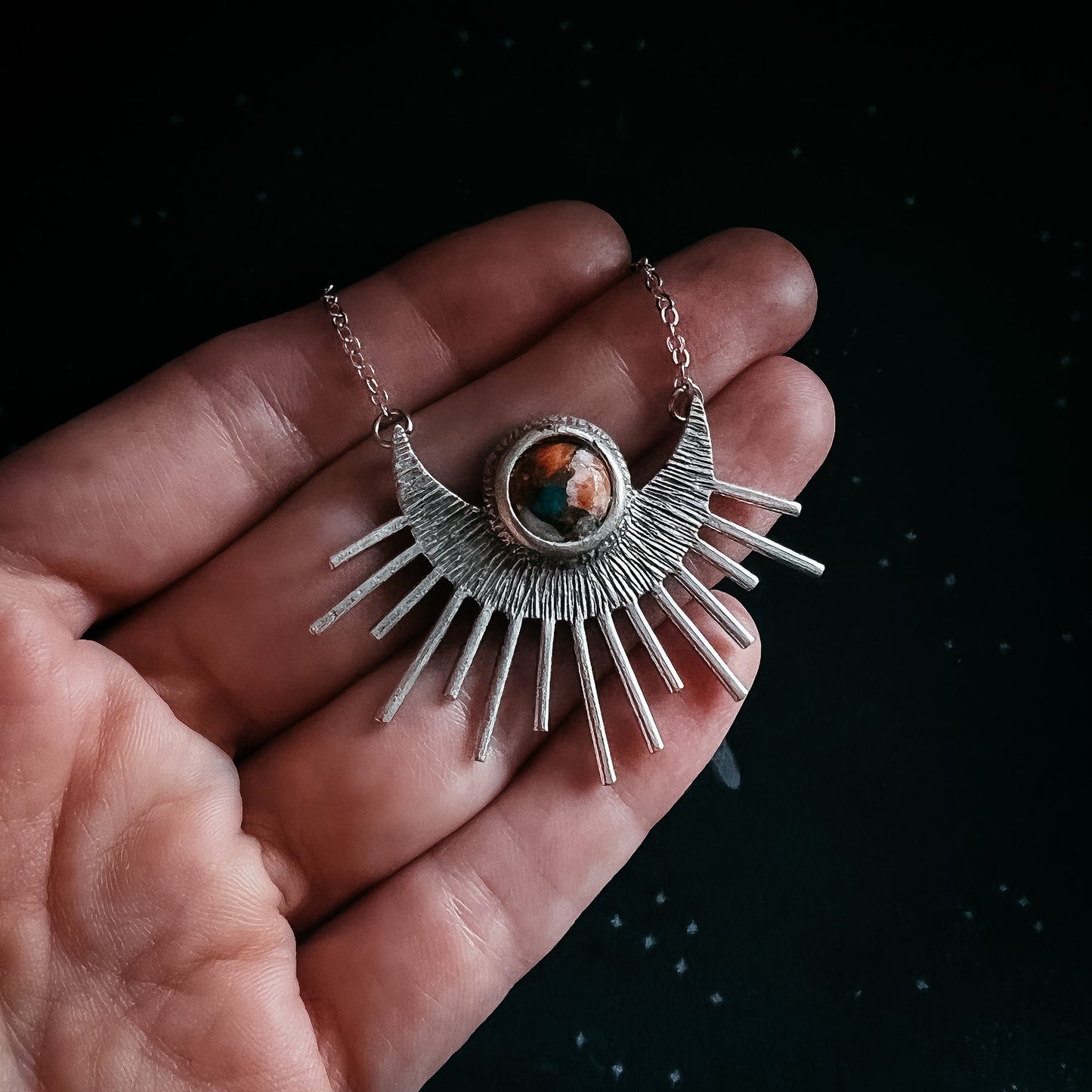 Sun Goddess Necklace - Sun Pendant with Copper Oyster Turquoise Necklace Yugen Handmade