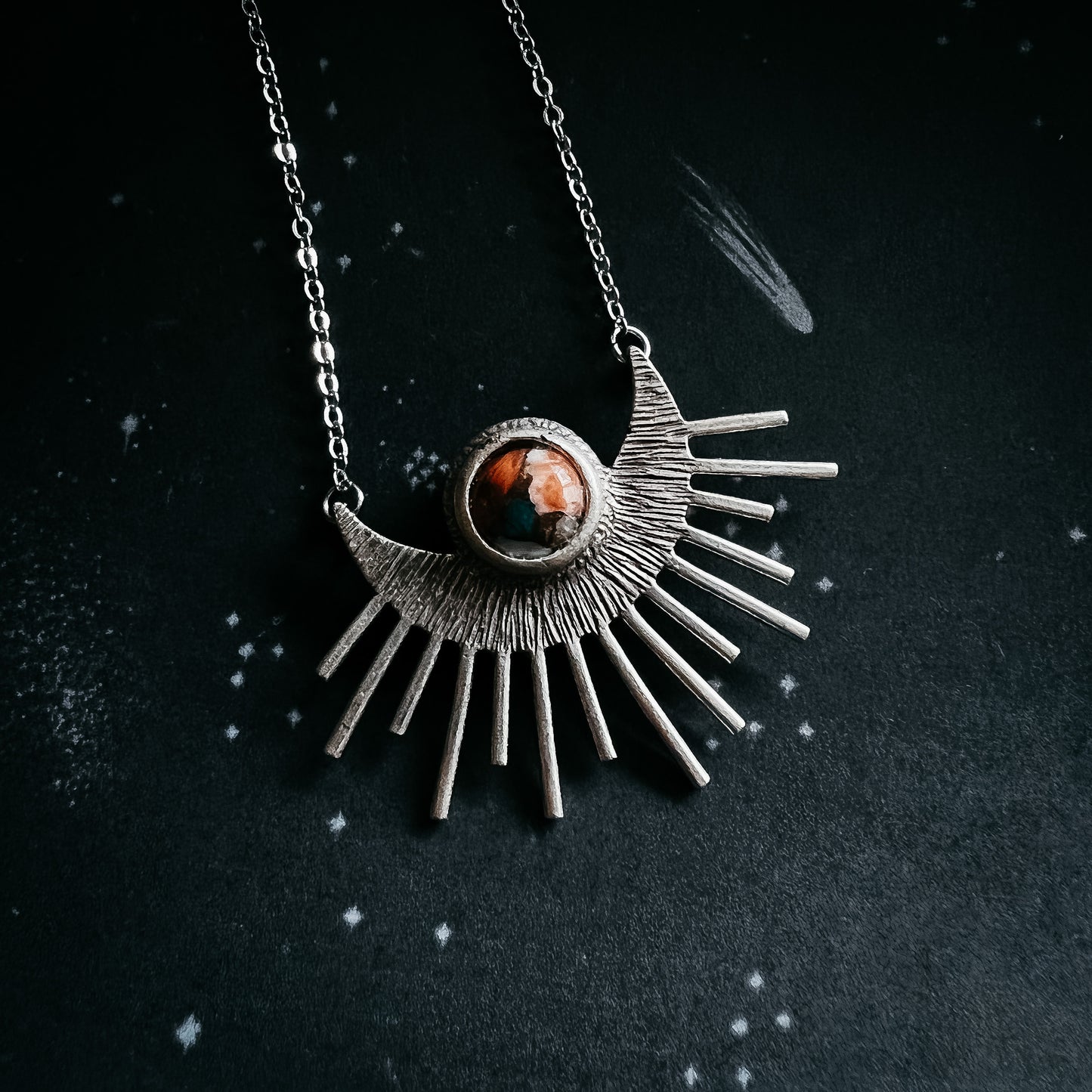 Sun Goddess Necklace - Sun Pendant with Copper Oyster Turquoise Necklace Yugen Handmade Silver Tone