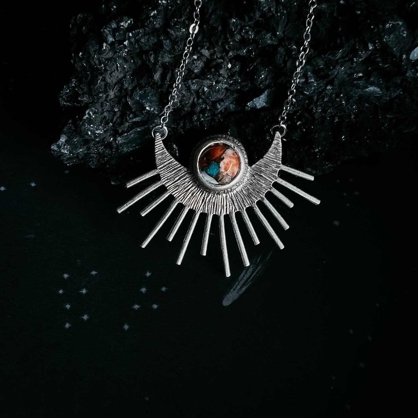 Sun Goddess Necklace - Sun Pendant with Copper Oyster Turquoise Necklace Yugen Handmade
