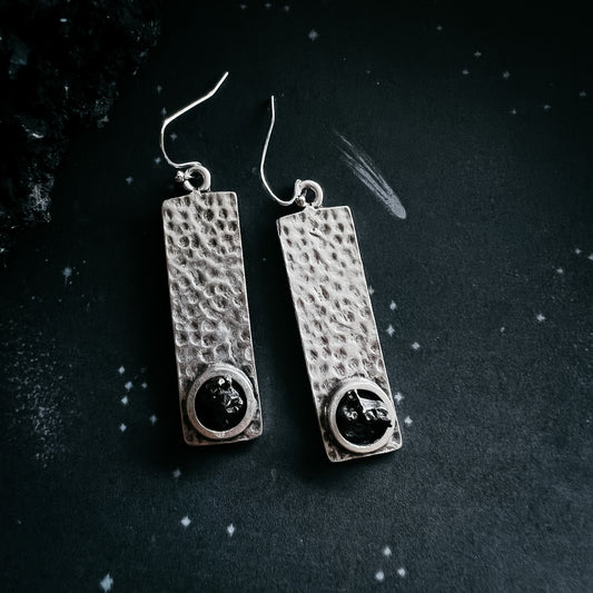 Hammered Silver Rectangle Earrings with Raw Meteorite Earrings Yugen Handmade