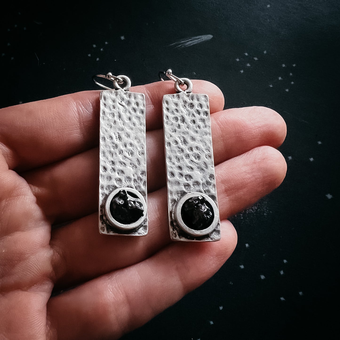 Hammered Silver Rectangle Earrings with Raw Meteorite Earrings Yugen Handmade