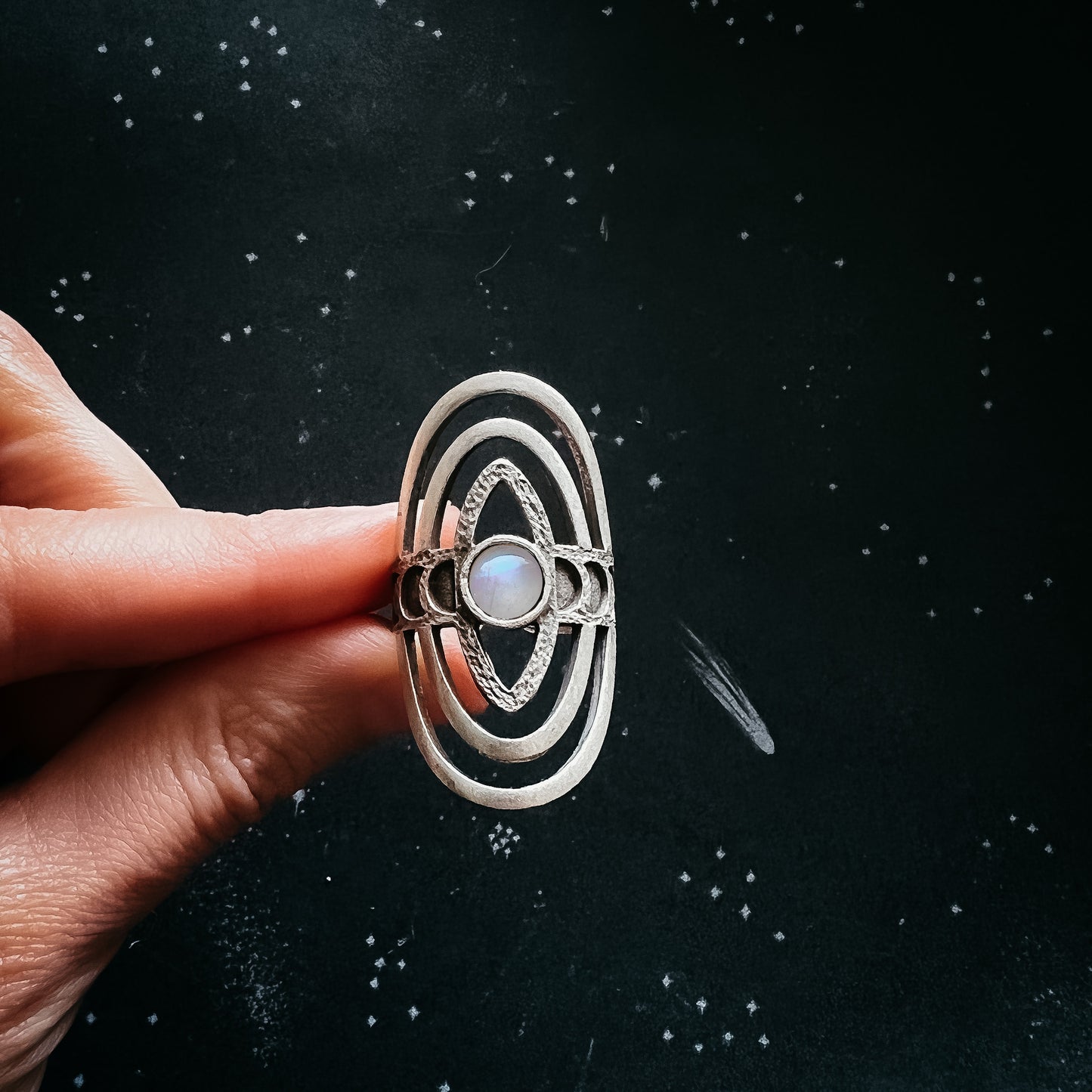 Cosmic Ripple Ring with Rainbow Moonstone and Phases of the Moon Ring Yugen Handmade Silver
