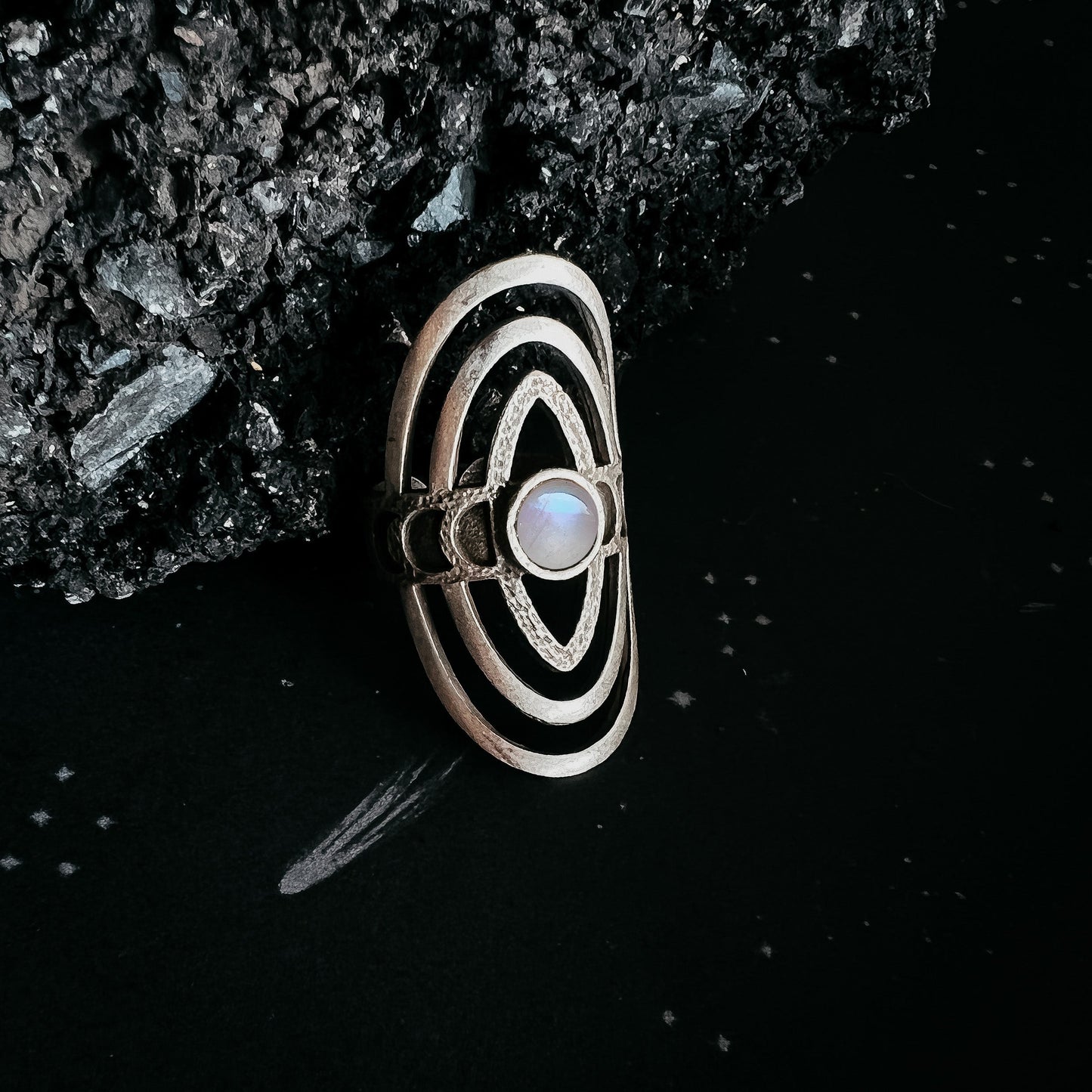 Cosmic Ripple Ring with Rainbow Moonstone and Phases of the Moon Ring Yugen Handmade
