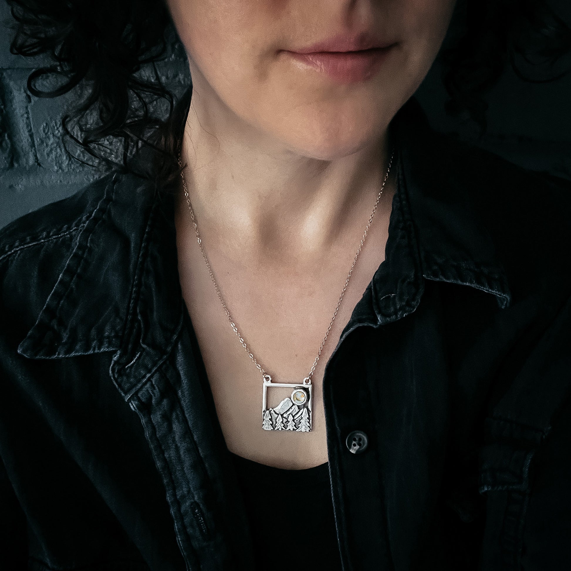 Square Mountain Landscape Necklace with Copper Calcite Moon Necklace Yugen Handmade