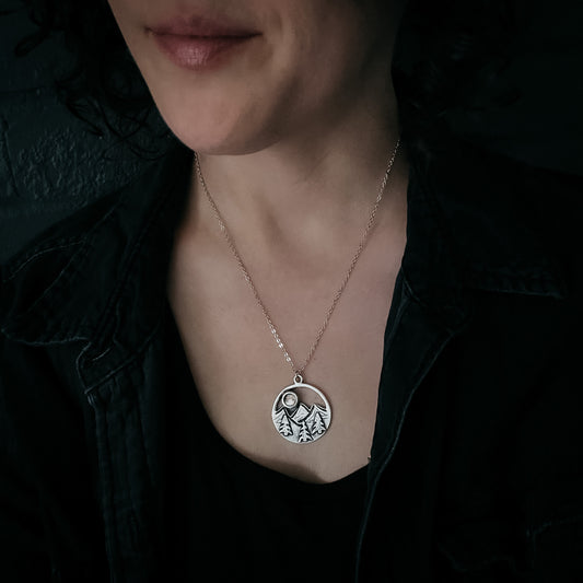 My Moon Rises Over Landscape - Circle Pendant Necklace with Mountains and Trees Necklace Yugen Handmade