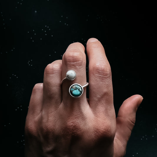 Earth and Moon Bypass Ring with Natural Stones Ring Yugen Handmade