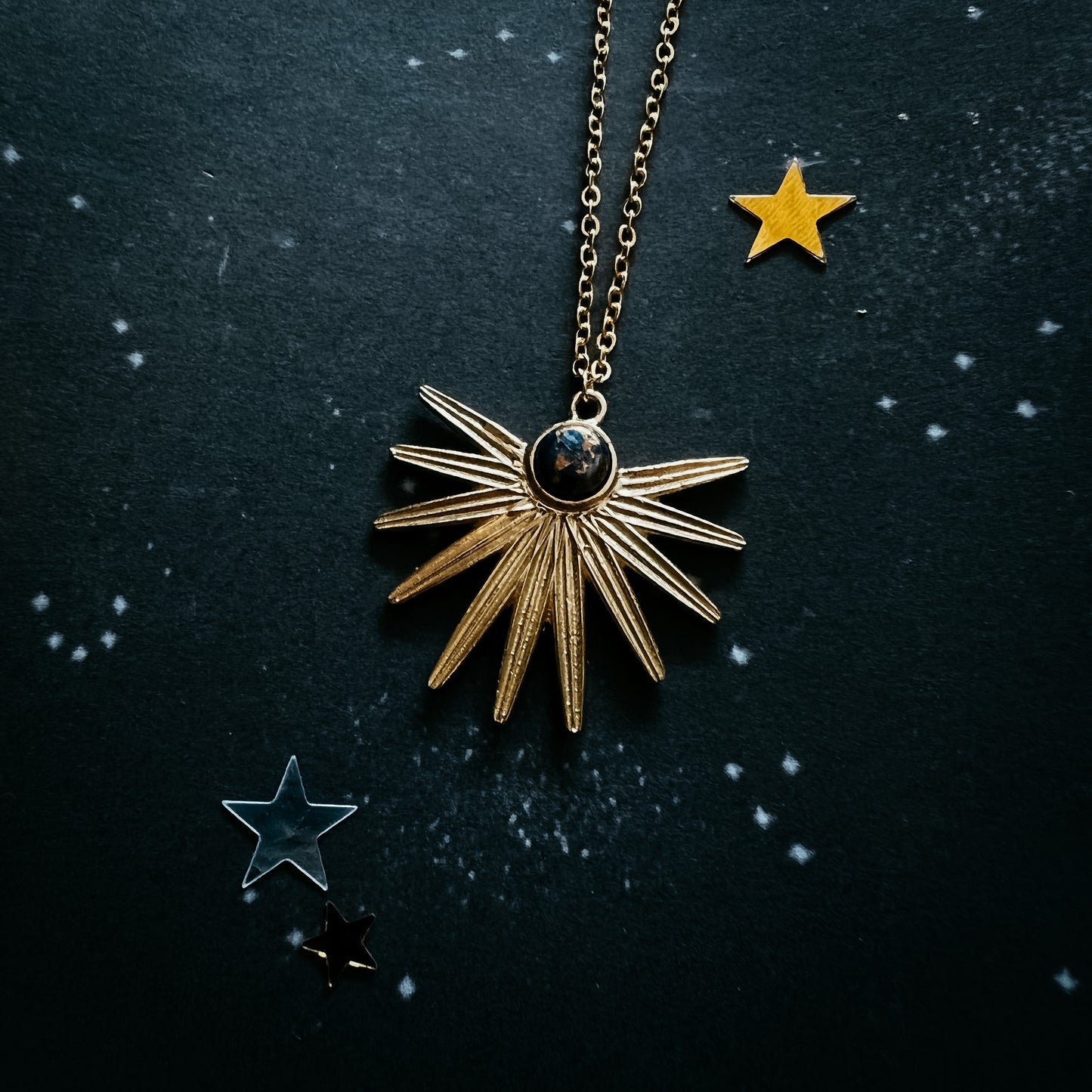 Dark Before the Dawn Sunburst Pendant Necklace with Copper Lapis Lazuli Necklace Yugen Handmade