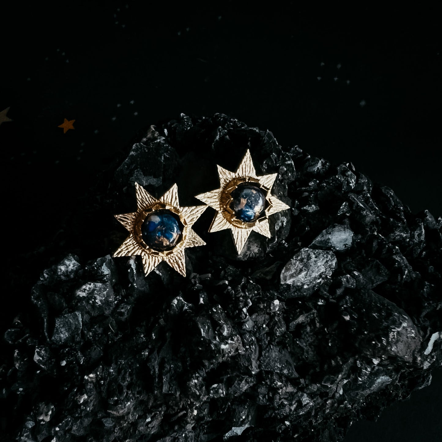 Dark Before the Dawn Sunburst Stud Earrings with Copper Lapis Lazuli Earrings Yugen Handmade