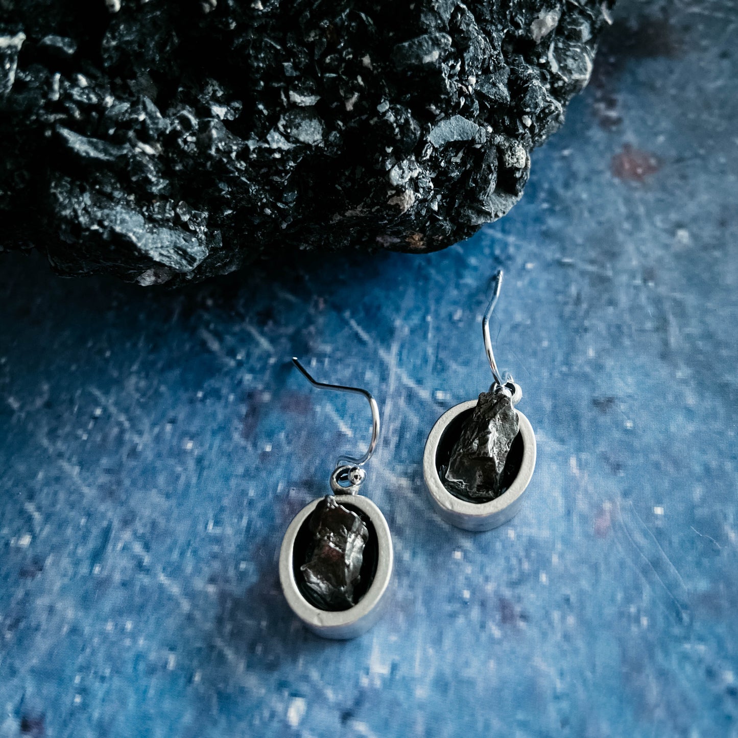 Oval Dangle Earrings with Raw Meteorite Earrings Yugen Handmade