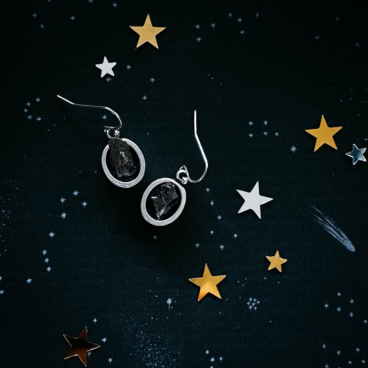 Oval Dangle Earrings with Raw Meteorite Earrings Yugen Handmade