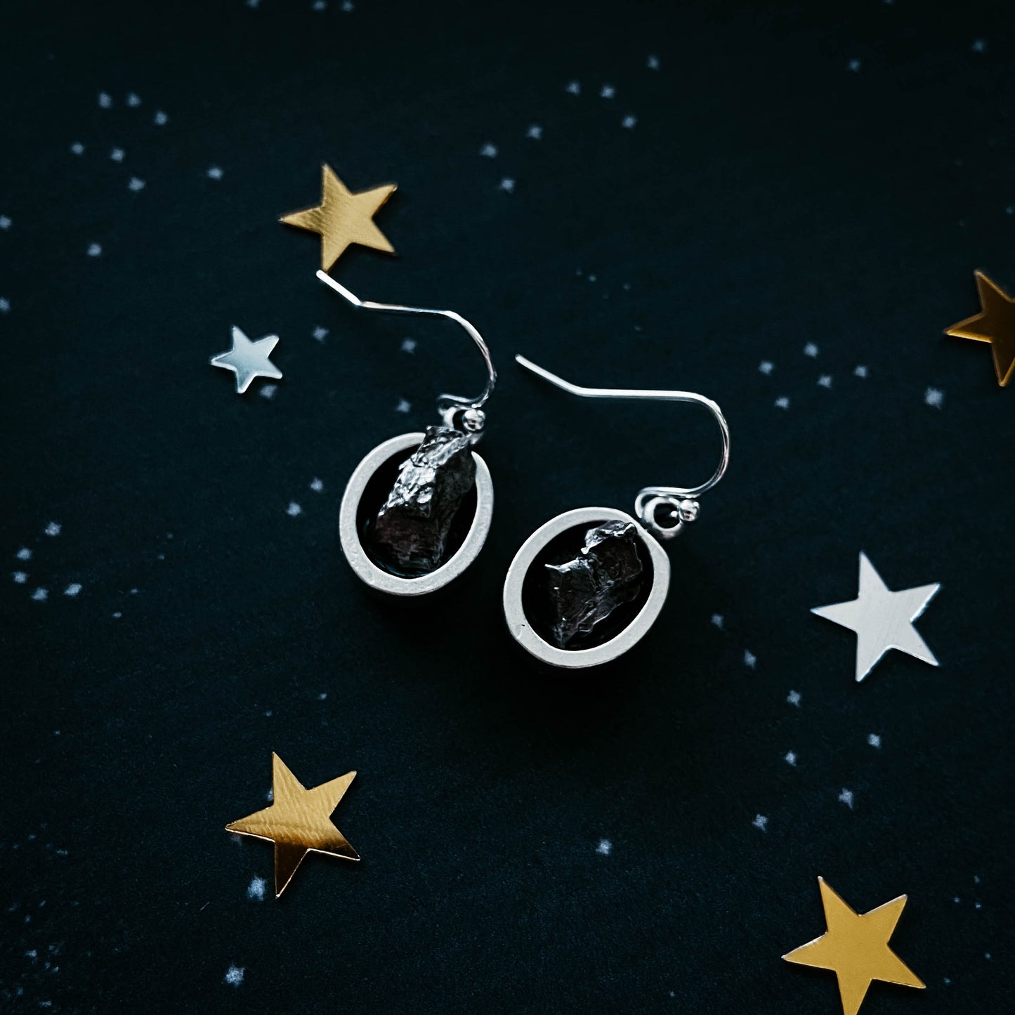 Oval Dangle Earrings with Raw Meteorite Earrings Yugen Handmade
