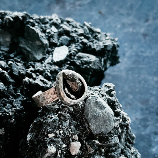 Chunky Teardrop Raw Meteorite Ring in Silver Ring Yugen Handmade