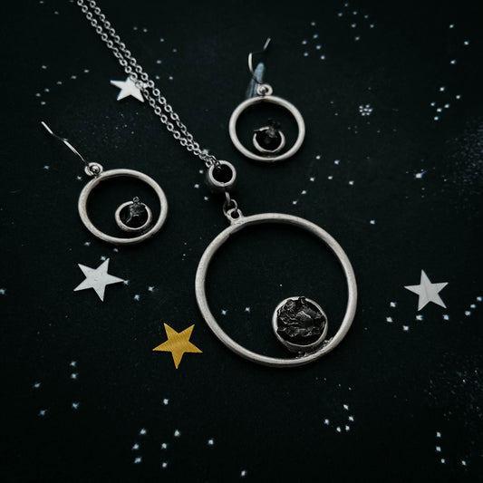 Meteorite Jewelry Set - Circle Necklace and Earrings Jewelry Set Yugen Handmade