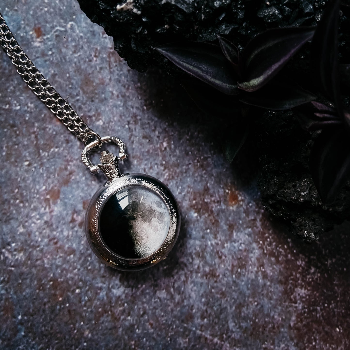 My Moon Custom Lunar Phase Pocket Watch Necklace Pocket Watch Necklace Yugen Handmade Silver Tone