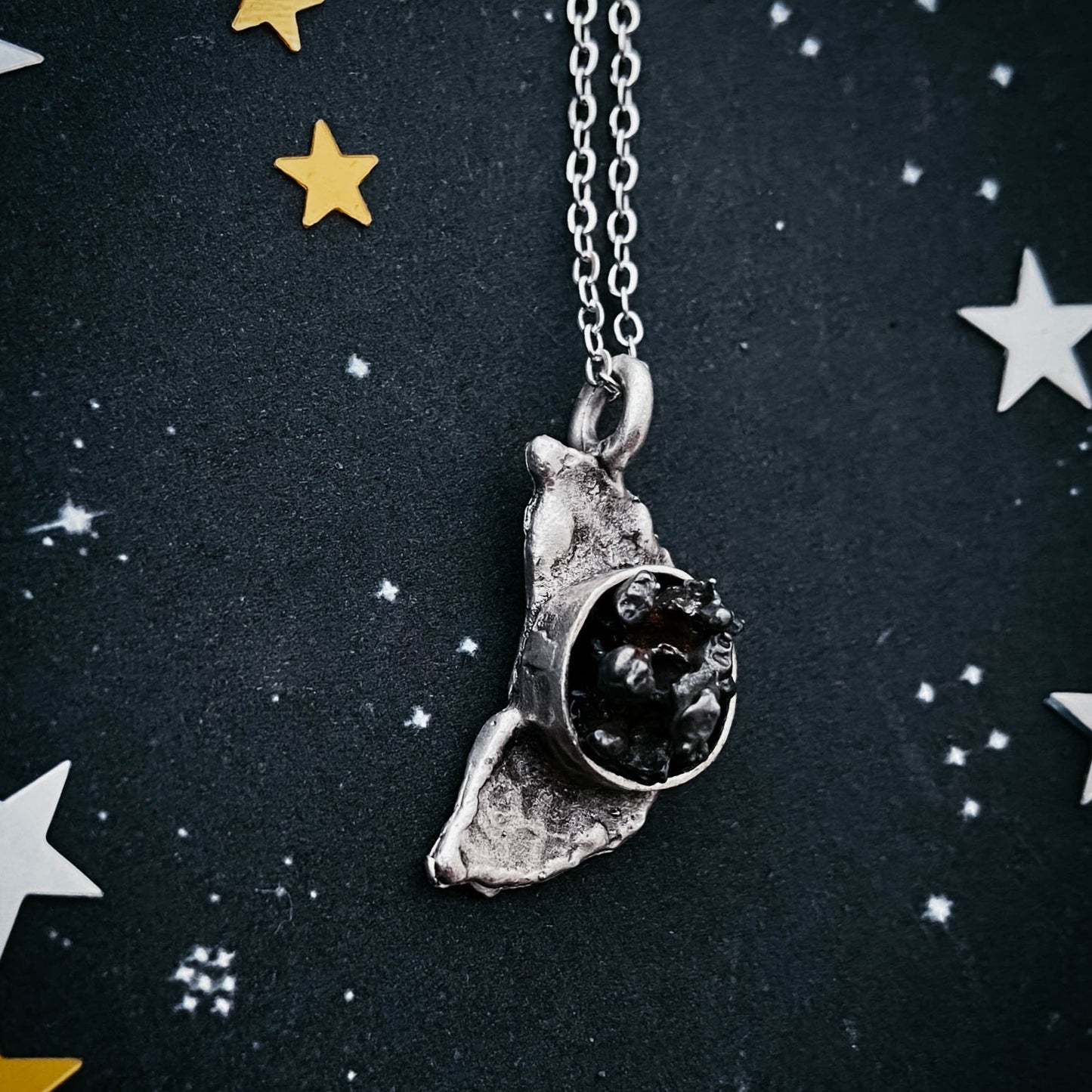 Crescent Moon Necklace with Authentic Meteorite Necklace Yugen Handmade