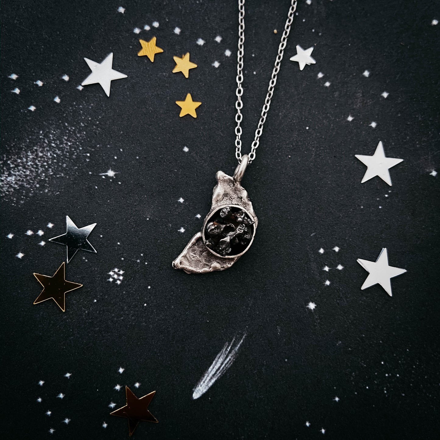 Crescent Moon Necklace with Authentic Meteorite Necklace Yugen Handmade