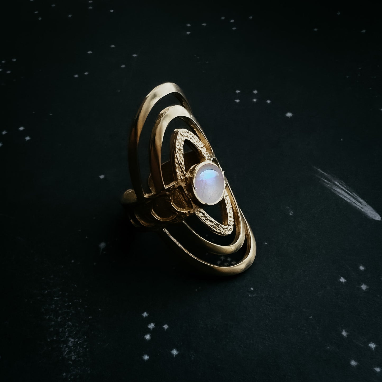 Cosmic Ripple Ring with Rainbow Moonstone and Phases of the Moon Ring Yugen Handmade