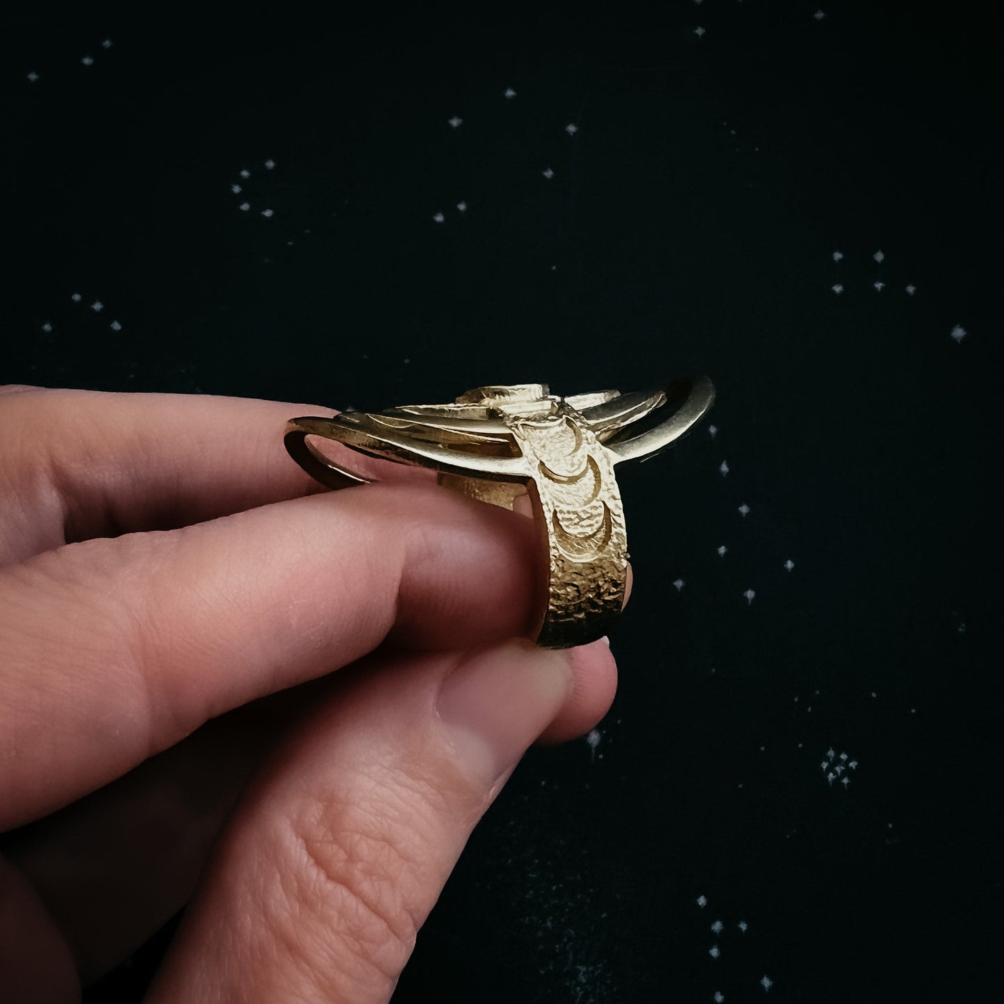 Cosmic Ripple Ring with Rainbow Moonstone and Phases of the Moon Ring Yugen Handmade