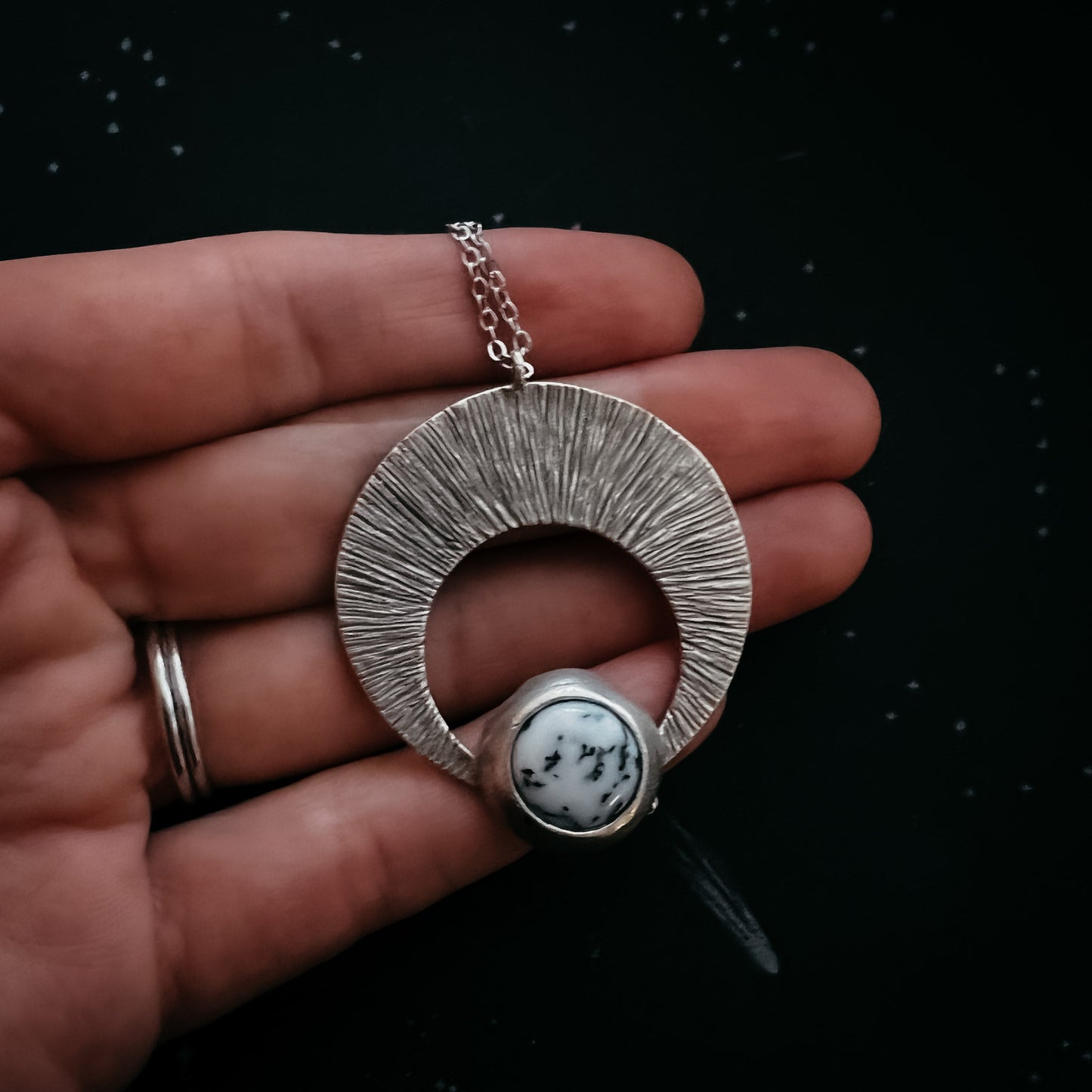Crescent Moon Pendant with Dendritic Agate Necklace Yugen Handmade