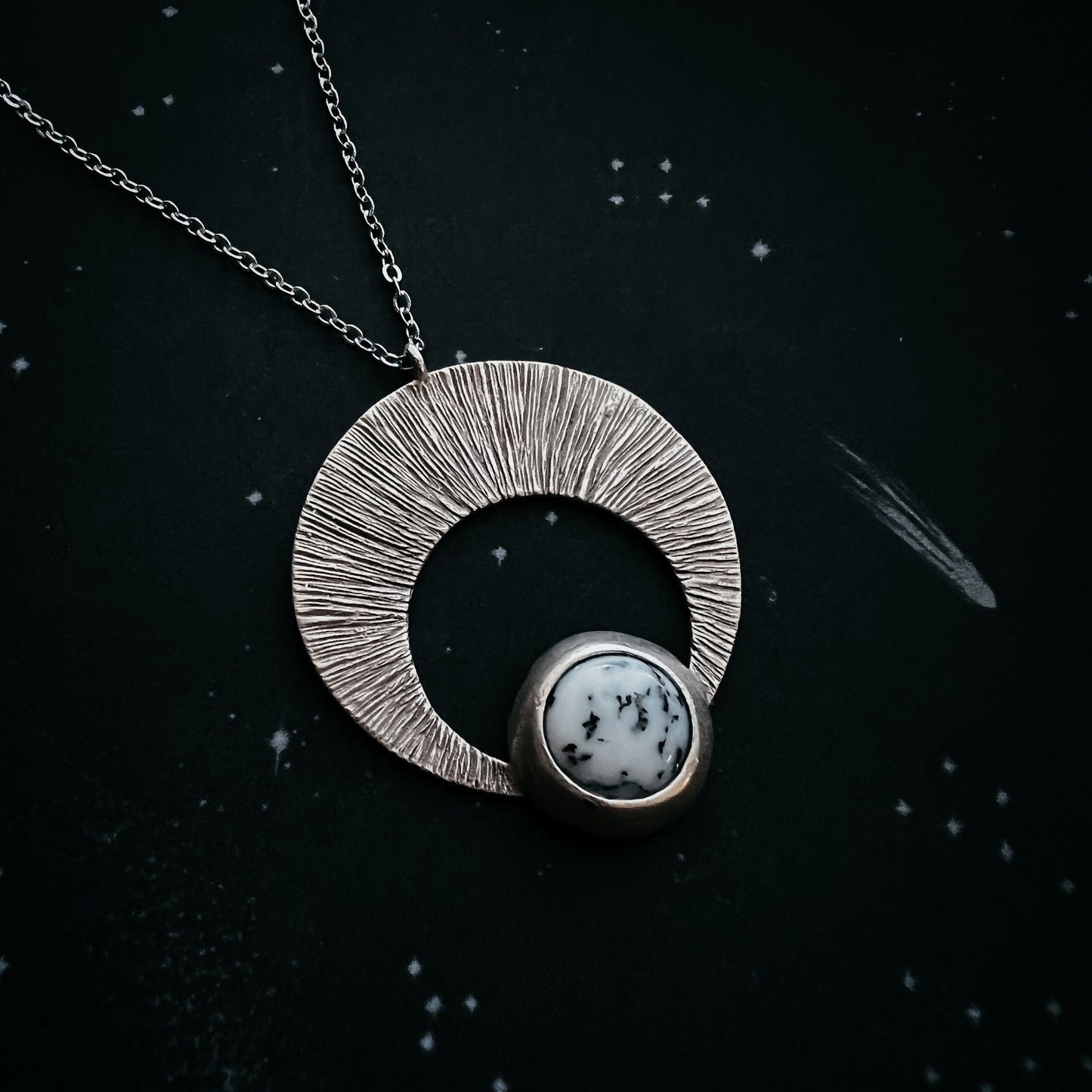 Crescent Moon Pendant with Dendritic Agate Necklace Yugen Handmade Silver