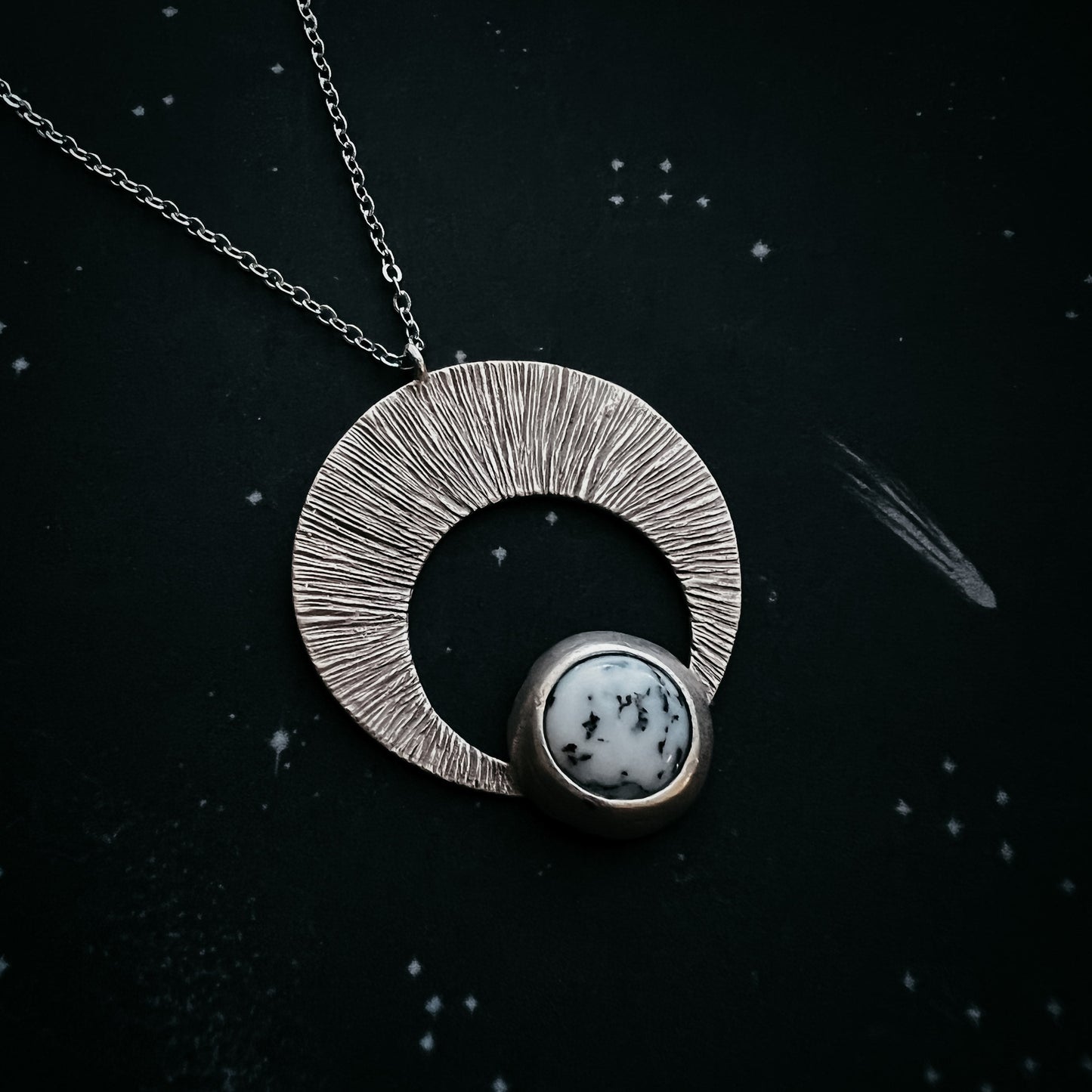 Crescent Moon Pendant with Dendritic Agate Necklace Yugen Handmade Silver