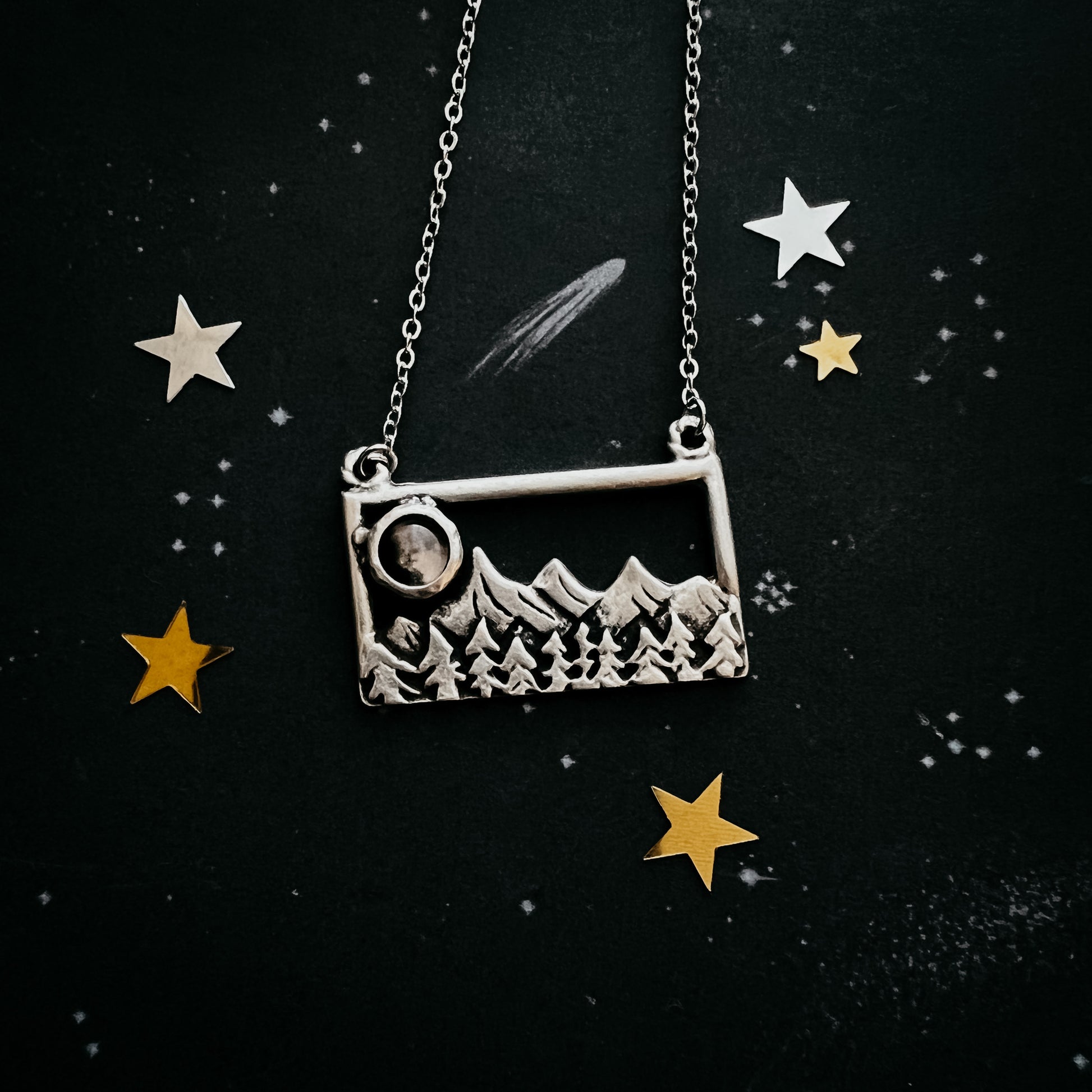 My Moon Rises Over Landscape - Rectangle Pendant Necklace Yugen Handmade