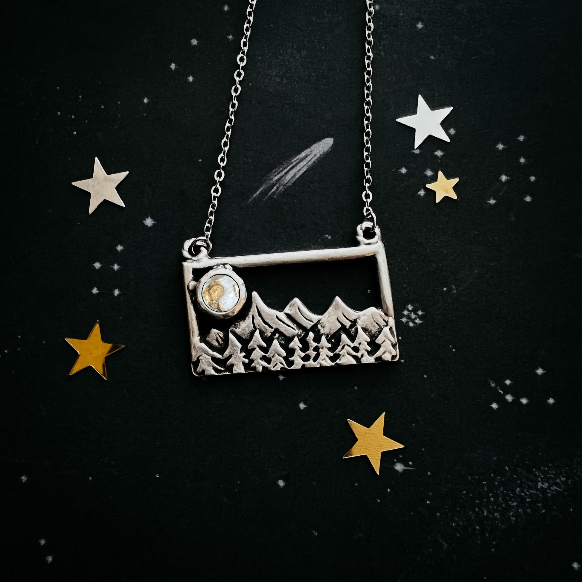 Rectangle Mountain Landscape Necklace with Copper Calcite Moon Necklace Yugen Handmade