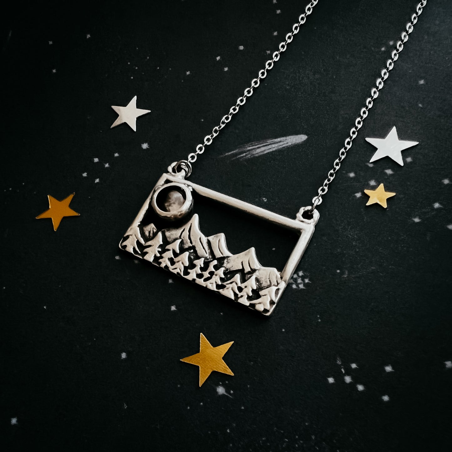 My Moon Rises Over Landscape - Rectangle Pendant Necklace Yugen Handmade