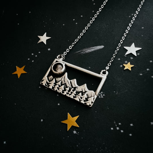 My Moon Rises Over Landscape - Rectangle Pendant Necklace Yugen Handmade