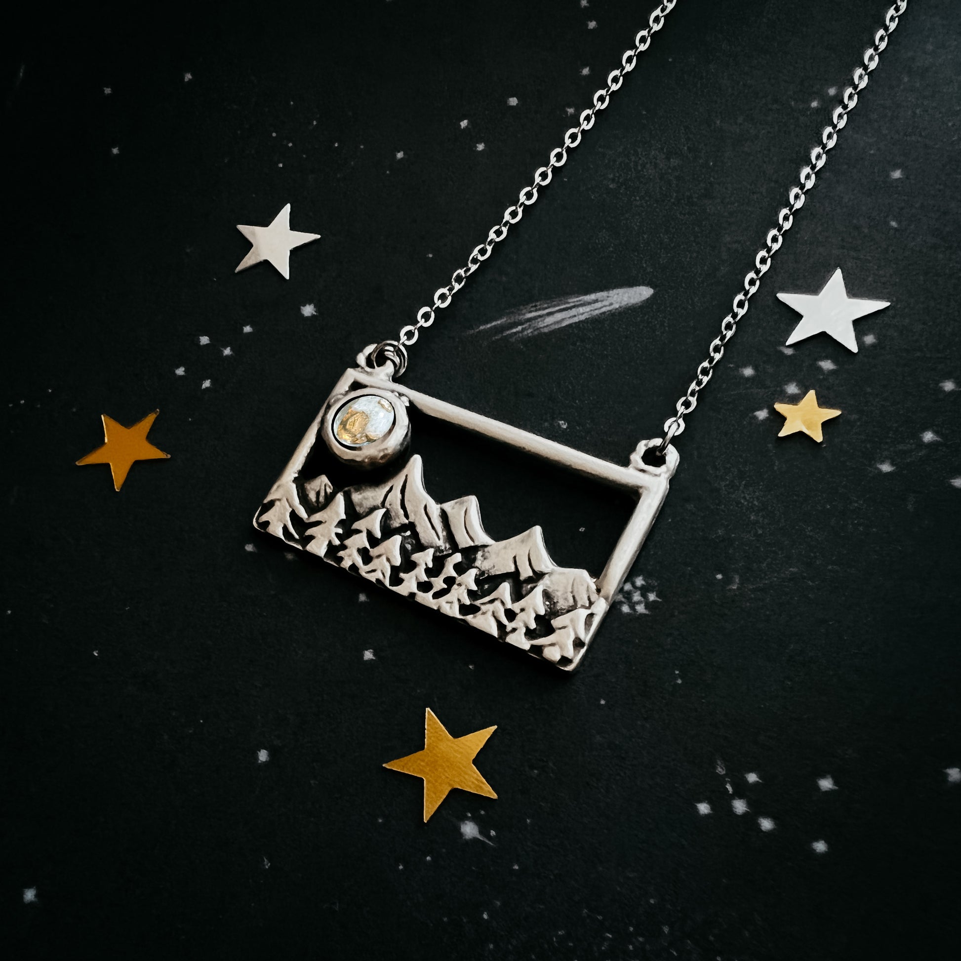 Rectangle Mountain Landscape Necklace with Copper Calcite Moon Necklace Yugen Handmade