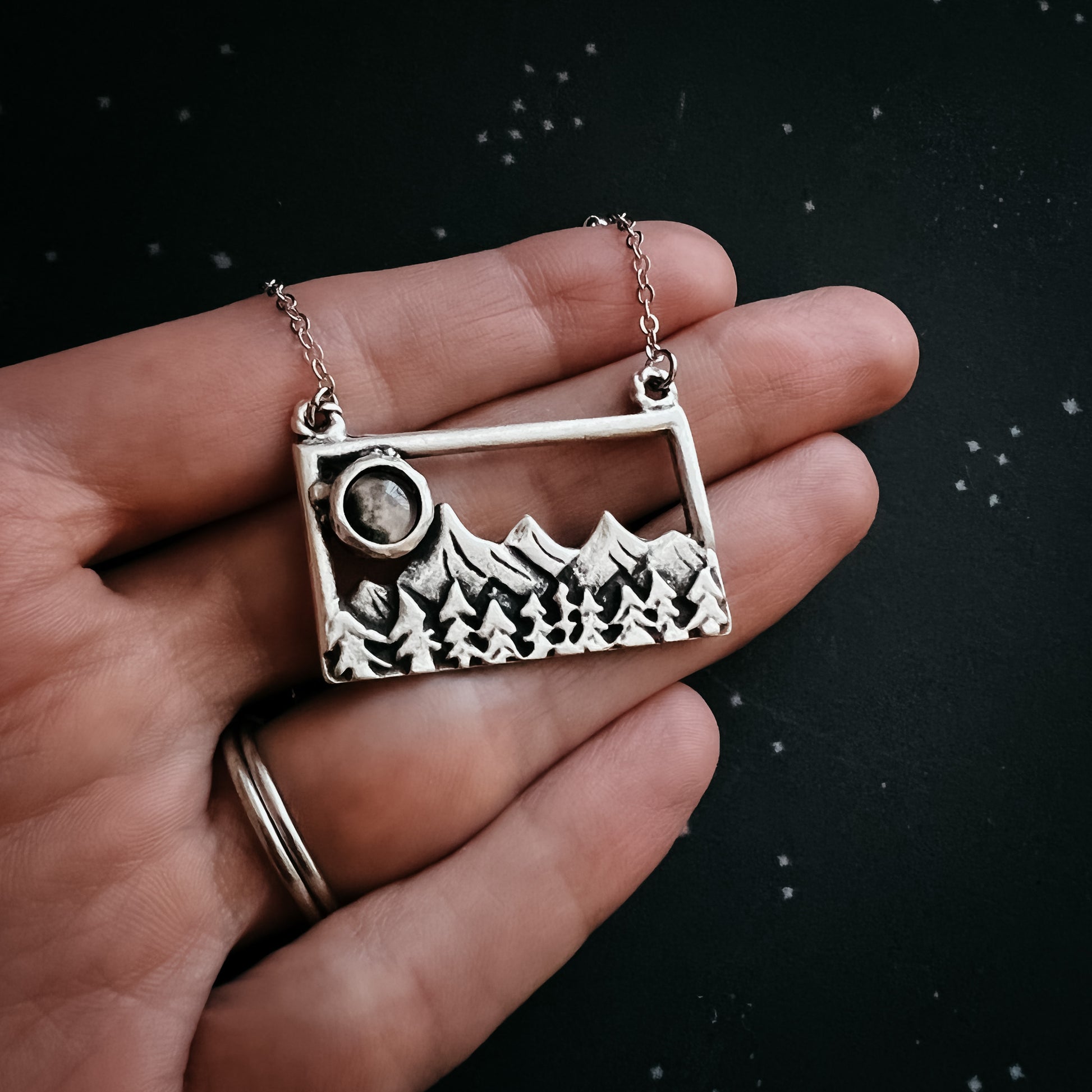 My Moon Rises Over Landscape - Rectangle Pendant Necklace Yugen Handmade