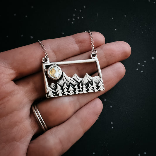 Rectangle Mountain Landscape Necklace with Copper Calcite Moon Necklace Yugen Handmade