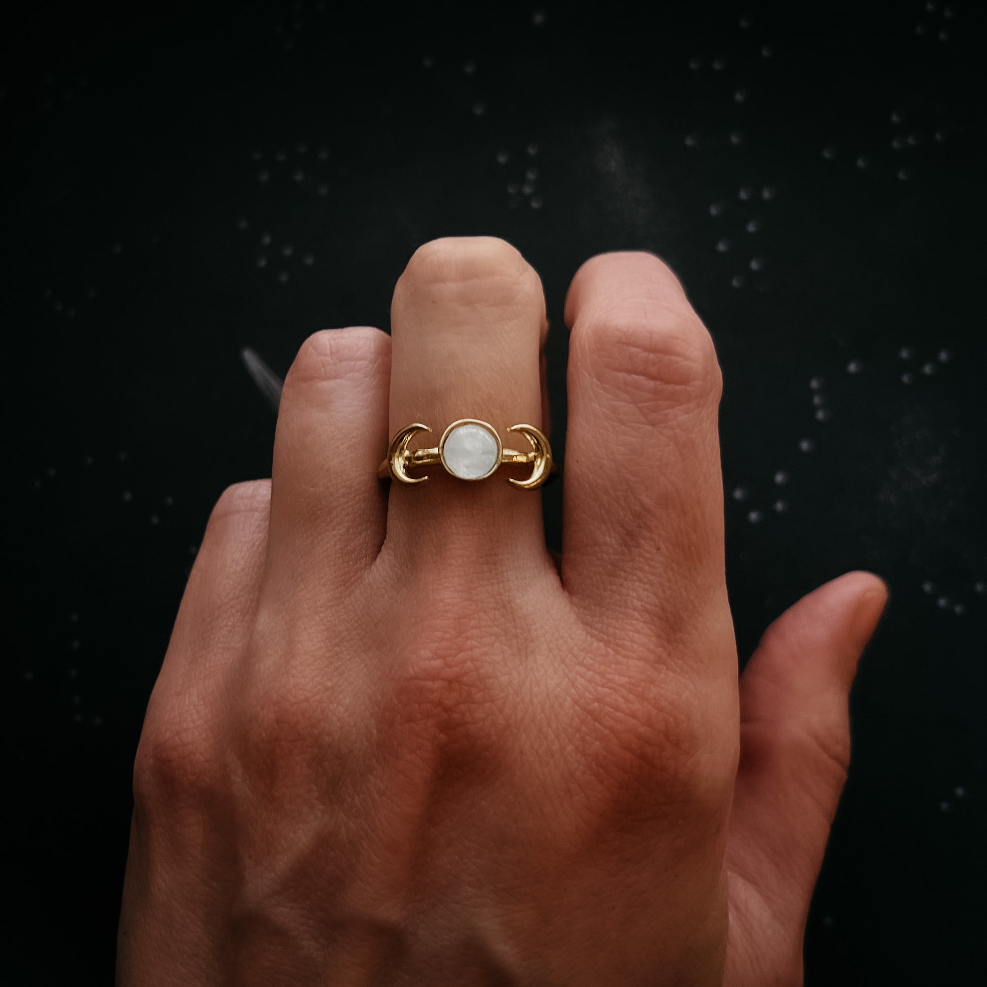 Lunar Witch Crescent Moon Ring with Rainbow Moonstone Ring Yugen Handmade