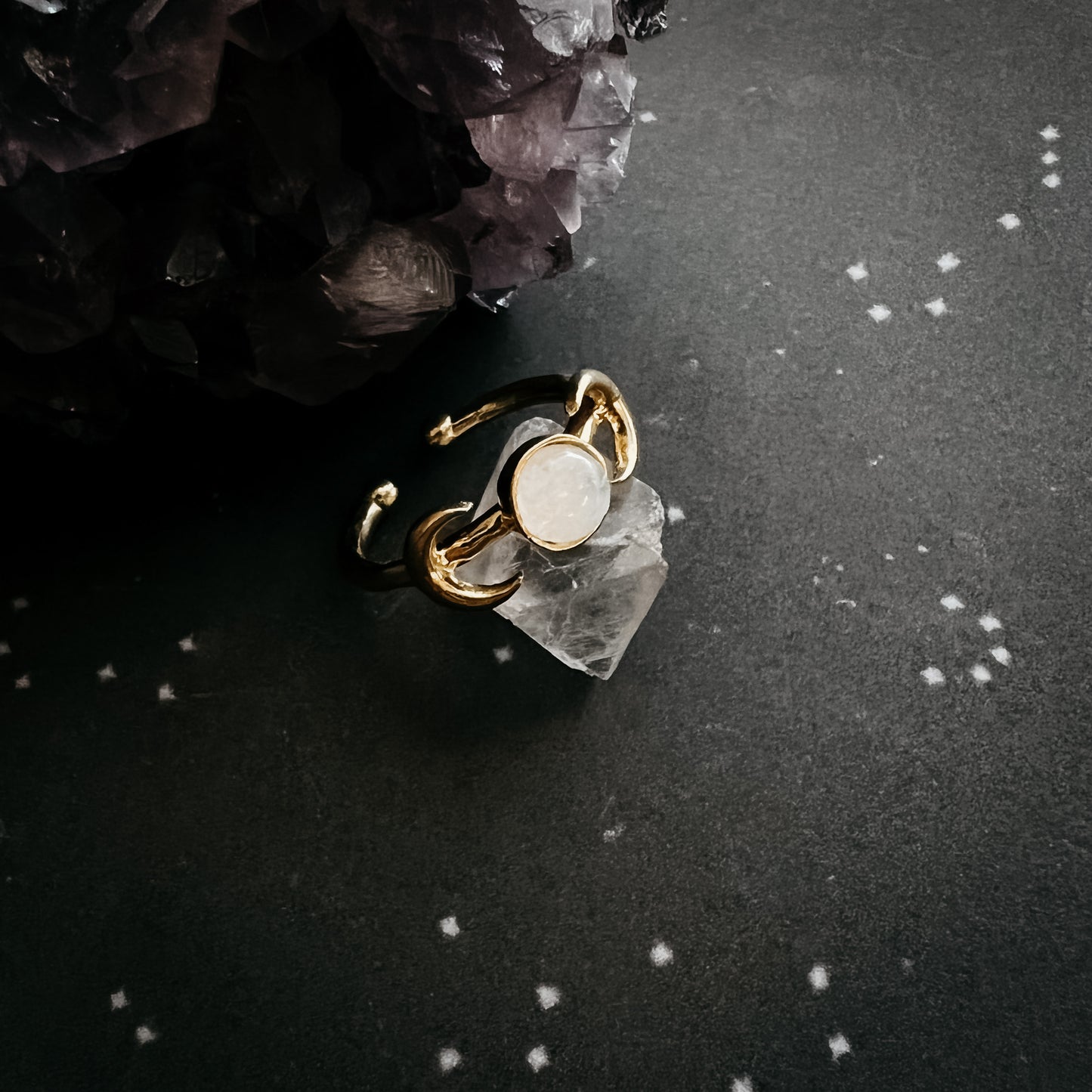 Lunar Witch Crescent Moon Ring with Rainbow Moonstone Ring Yugen Handmade