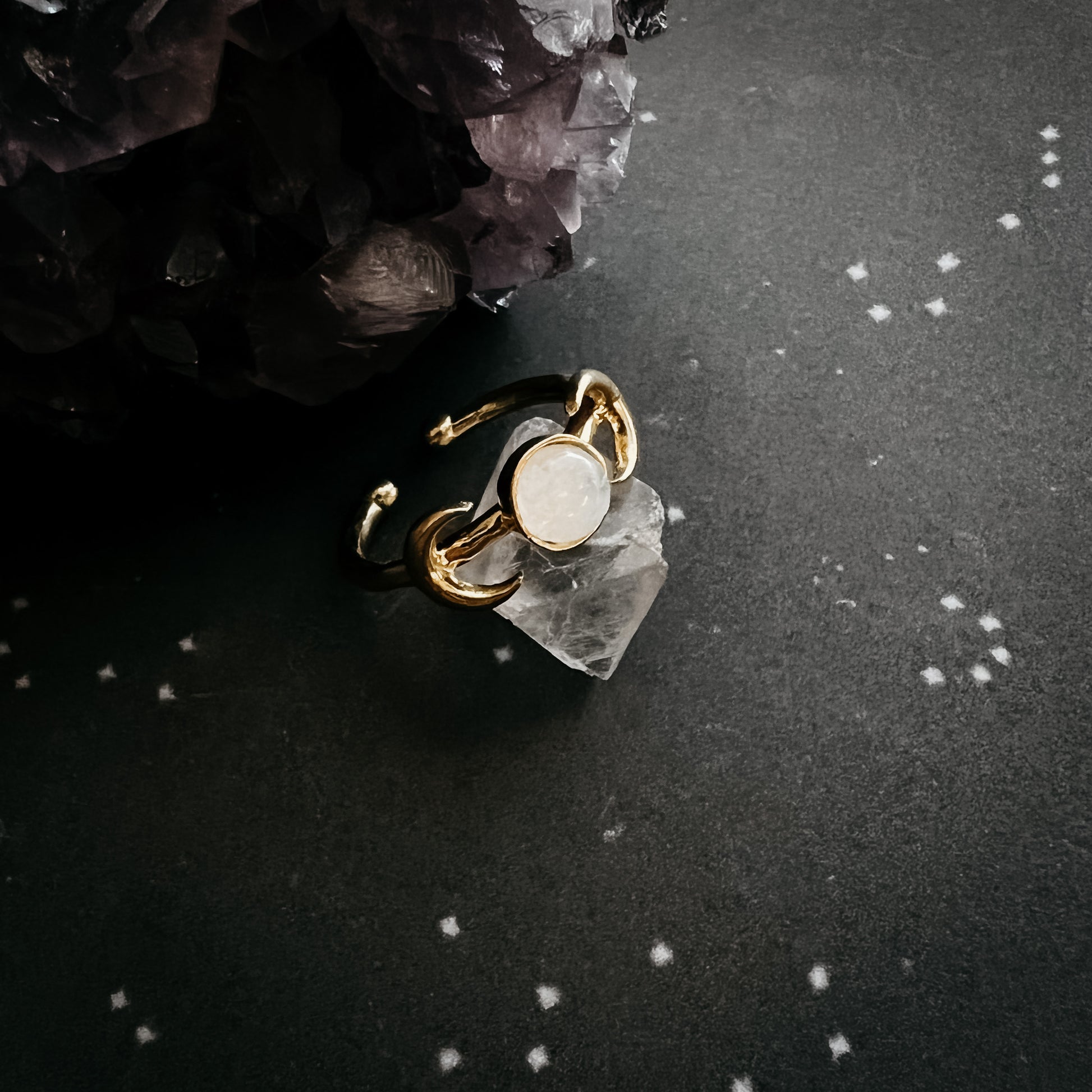 Lunar Witch Crescent Moon Ring with Rainbow Moonstone Ring Yugen Handmade