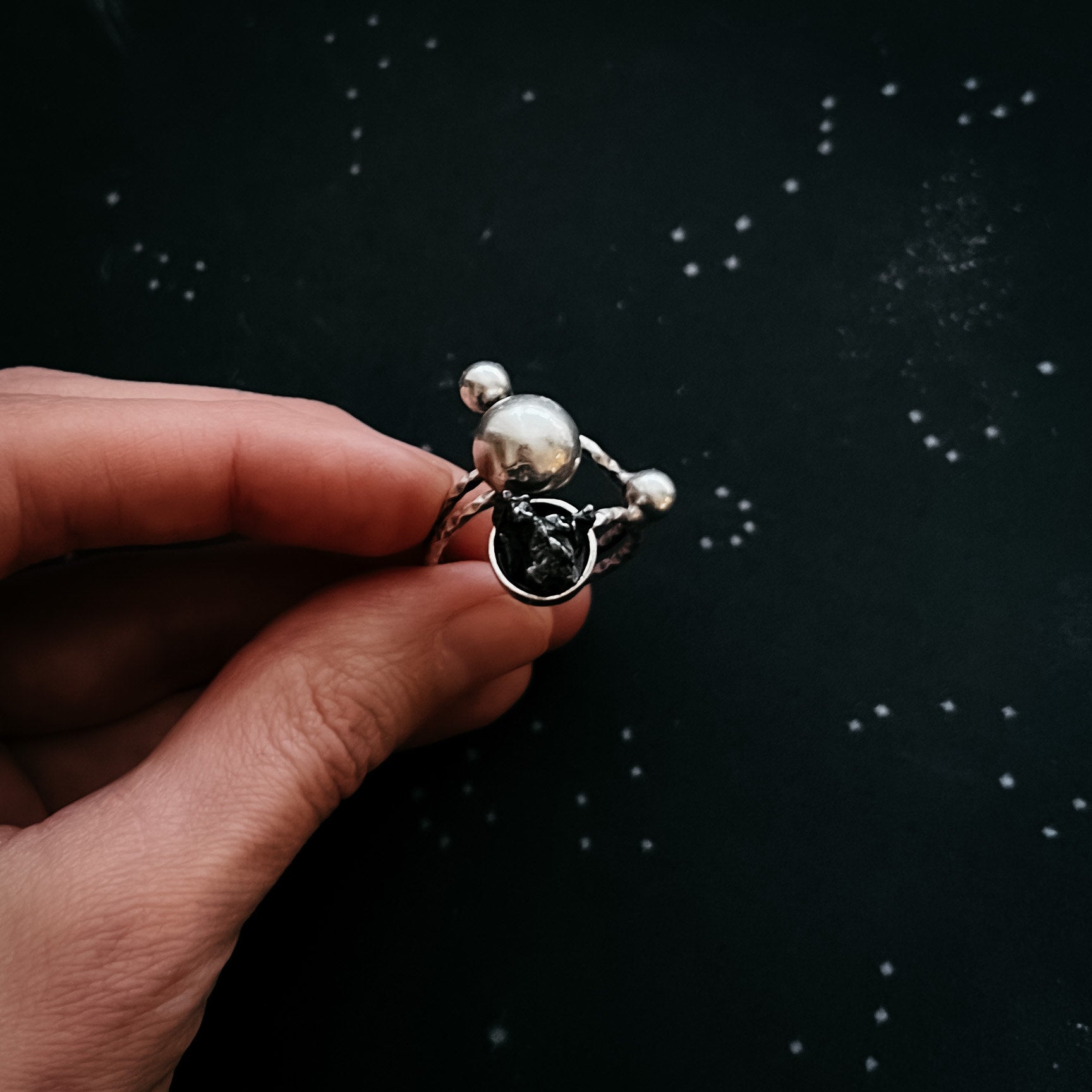 Orbiting Cosmic Bodies Ring with Authentic Meteorite Ring Yugen Handmade