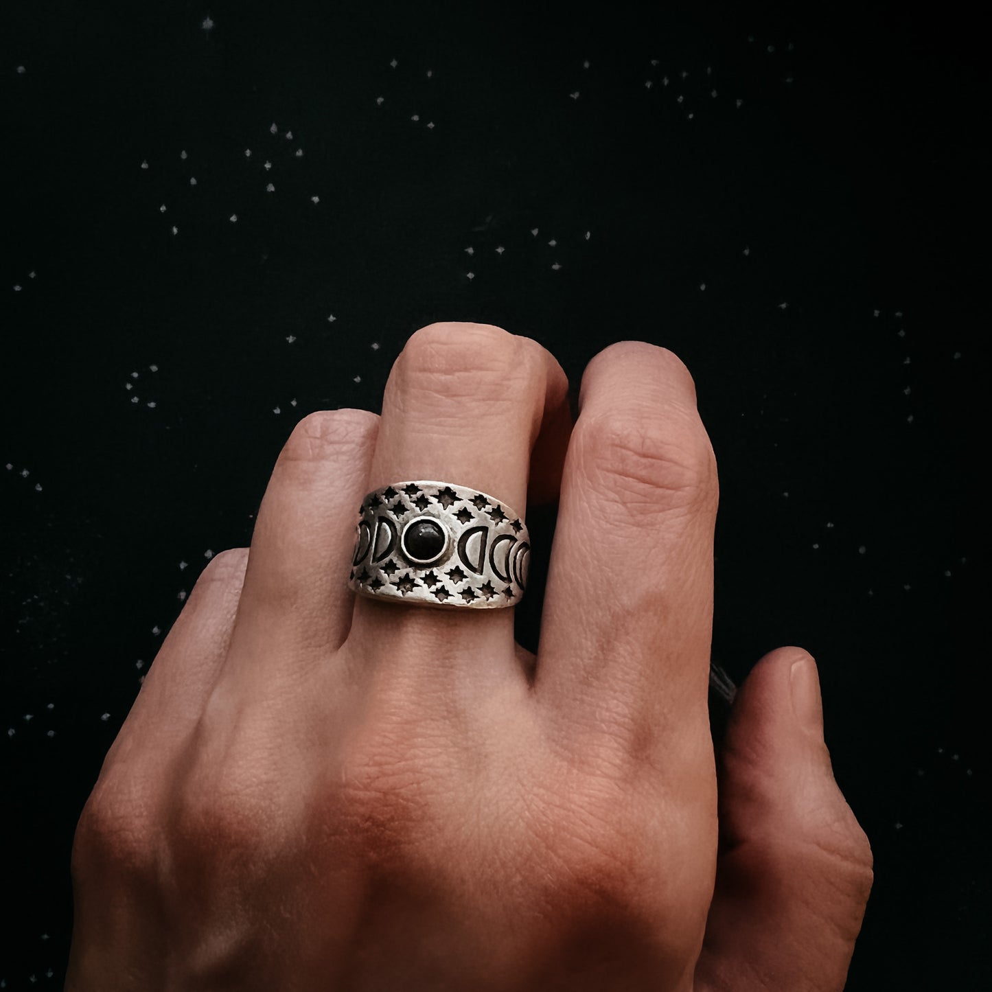 Eclipse Ring with Moon Phases and Black Opal Ring Yugen Handmade