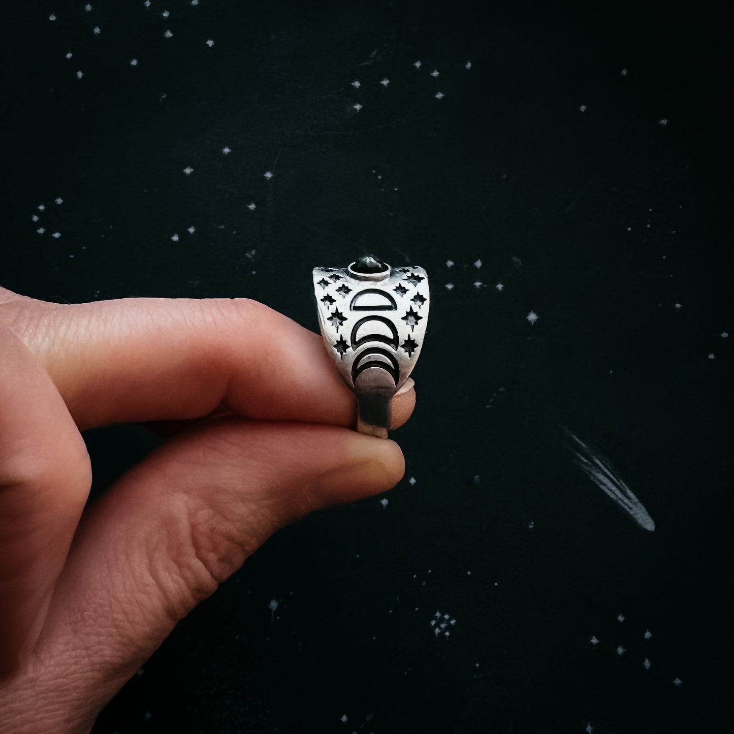 Eclipse Ring with Moon Phases and Black Opal Ring Yugen Handmade Silver